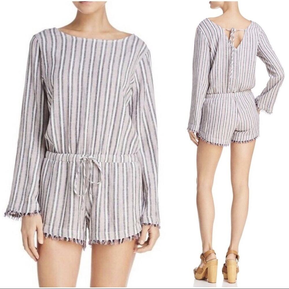 CLOTH & STONE Long-Sleeve Linen Blend Striped Romper with Fringe Edges Size XS